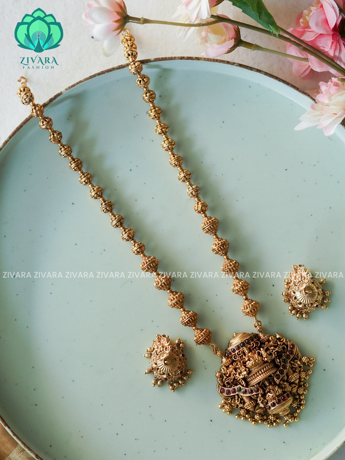 VISHALI GOLD BALL AND TEMPLE PENDANT BALL CHAIN - Traditional NORMAL MATTE polish MIDCHEST haaram/neckwear with earrings- Zivara Fashion