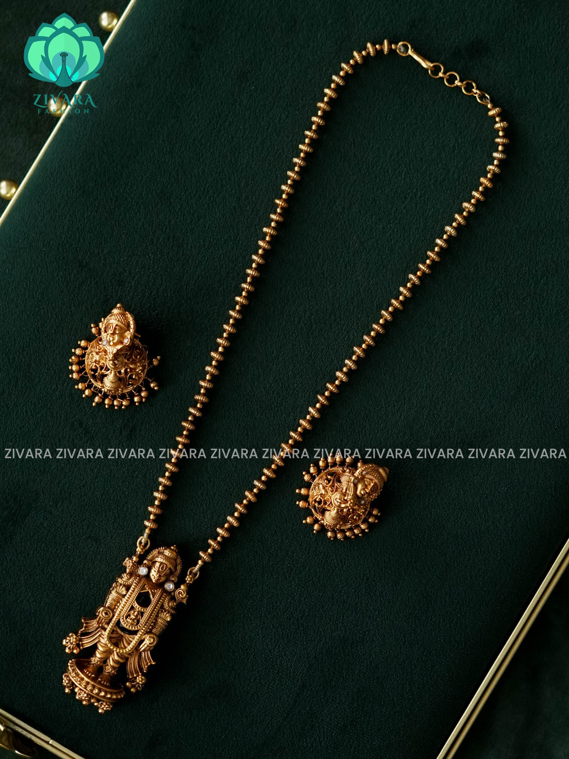 VISHALI GOLD BALL AND TIRUMAL PENDANT BALL CHAIN - Traditional NORMAL MATTE polish MIDCHEST haaram/neckwear with earrings- Zivara Fashion
