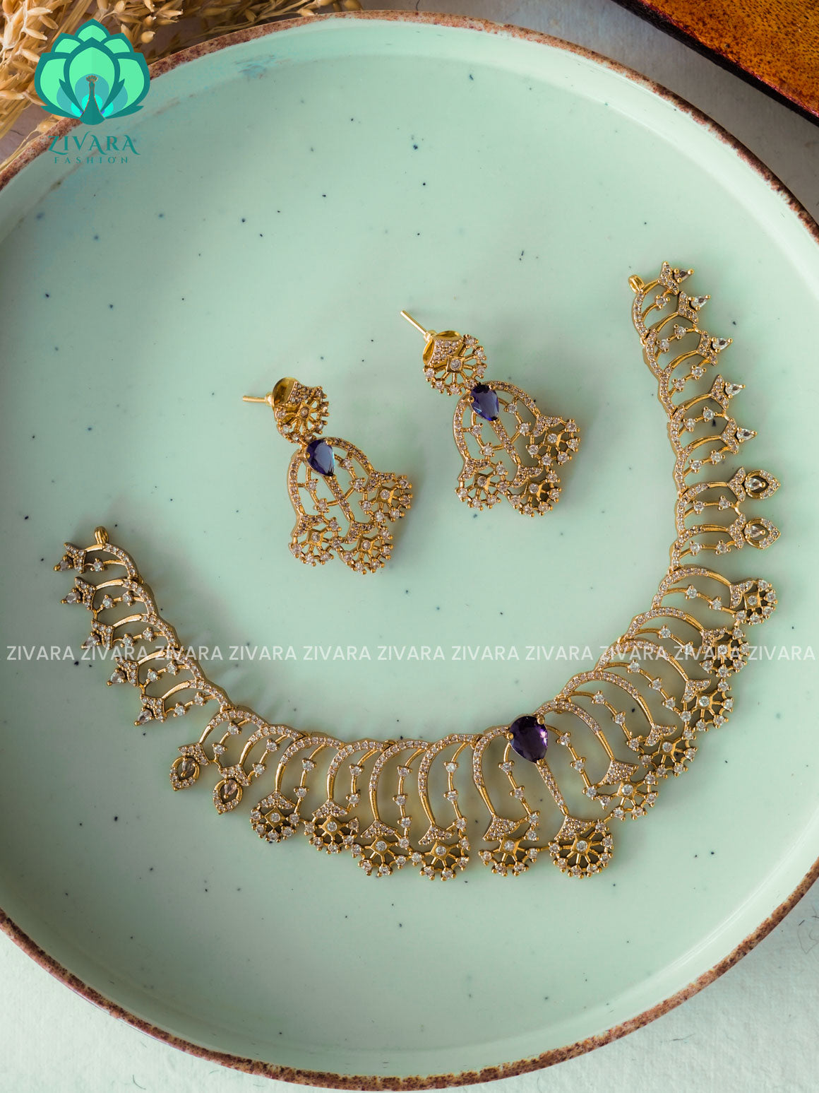 VIOLET -  FAN- GOLD FINISH stylish and minimal elegant neckwear with earrings- Zivara Fashion