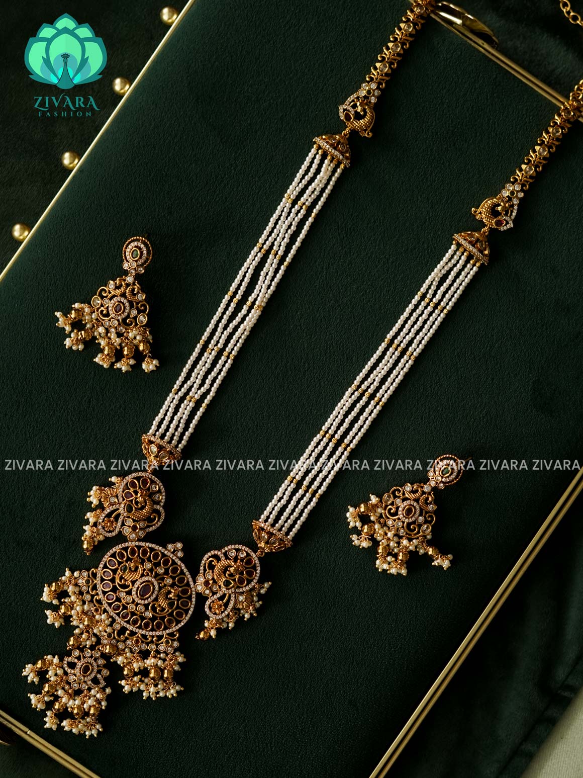PEACOCK PEARL LINE HAARAM  - Traditional premium long haaram/neckwear with earrings- Zivara Fashion