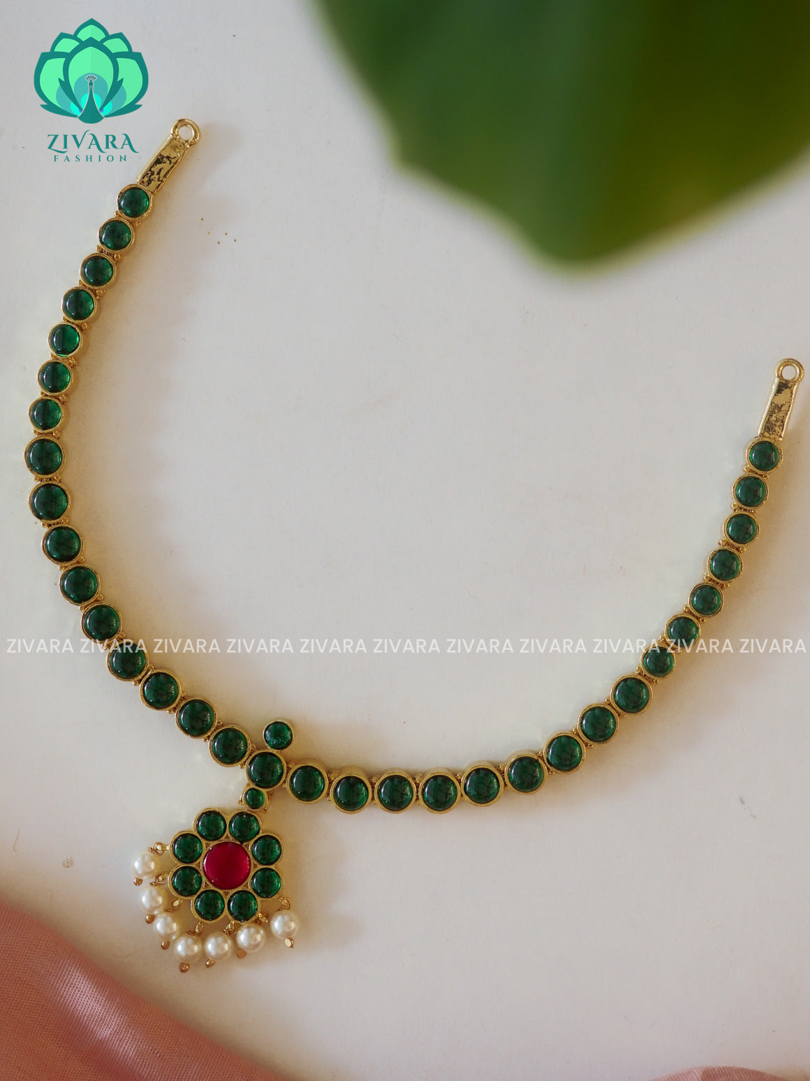 GREEN - MATHANGI- ATTIGAI NECKLACE- REAL KEMP BHARATHANATYAM DANCE PREMIUM JEWELLERY (PREORDER WITH 3 TO 10 DAYS DISPATCH TIME)