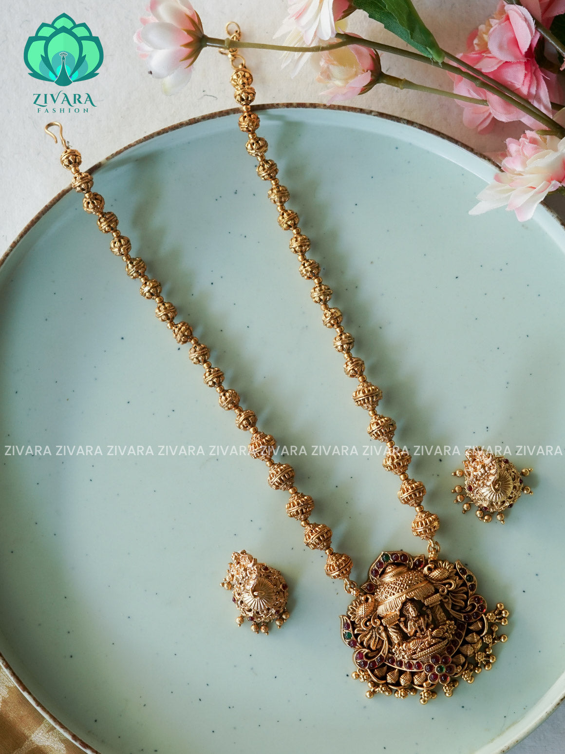 VISHALI GOLD BALL AND TEMPLE PENDANT BALL CHAIN - Traditional NORMAL MATTE polish MIDCHEST haaram/neckwear with earrings- Zivara Fashion