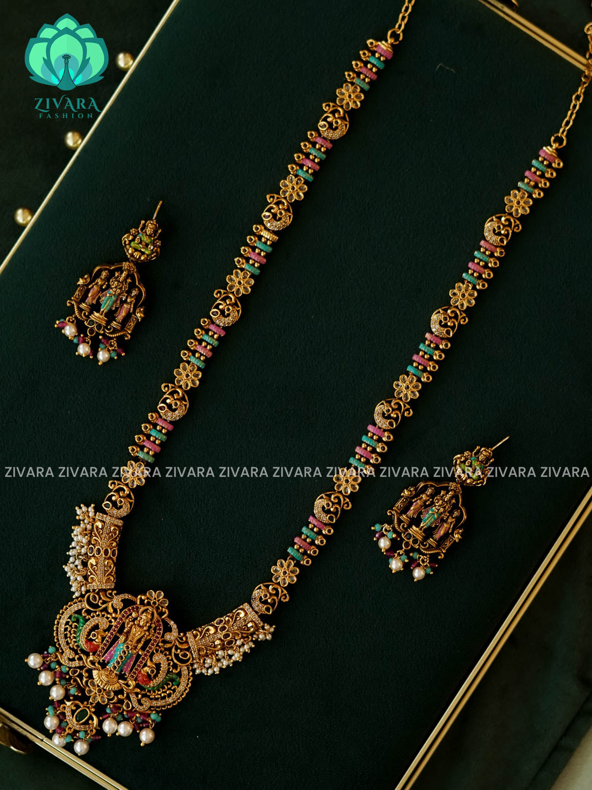 MADHURYA - HAND PAINTED TEMPLE BRIDAL - Traditional PREMIUM MATTE polish MIDCHEST haaram/neckwear with earrings- Zivara Fashion