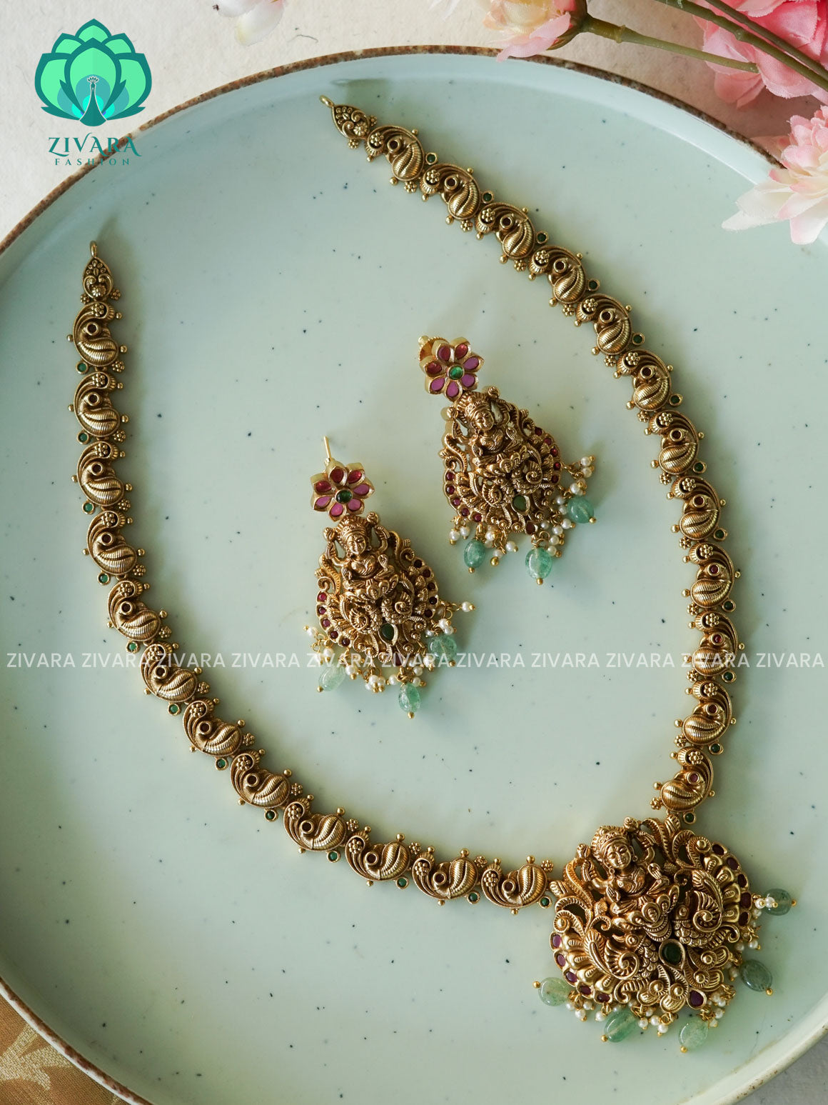 GREEN BEADS TEMPLE VINATGE - Traditional PREMIUM MATTE polish MIDCHEST haaram/neckwear with earrings- Zivara Fashion