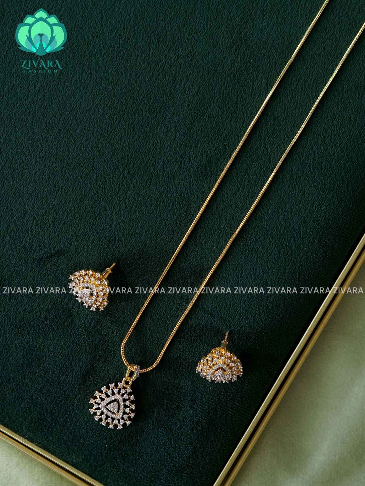 Zyra- Diamond replica Gold polish-Simple 21" chain and pendant set -Trending office wear jewellery-Zivara fashion