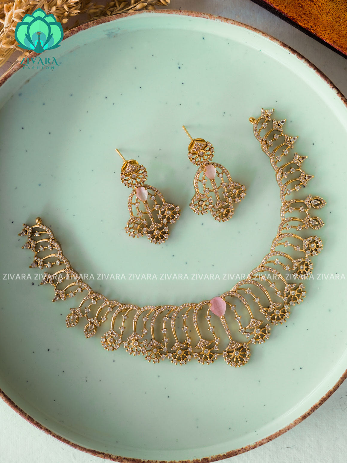 PASTEL PINK -  FAN- GOLD FINISH stylish and minimal elegant neckwear with earrings- Zivara Fashion