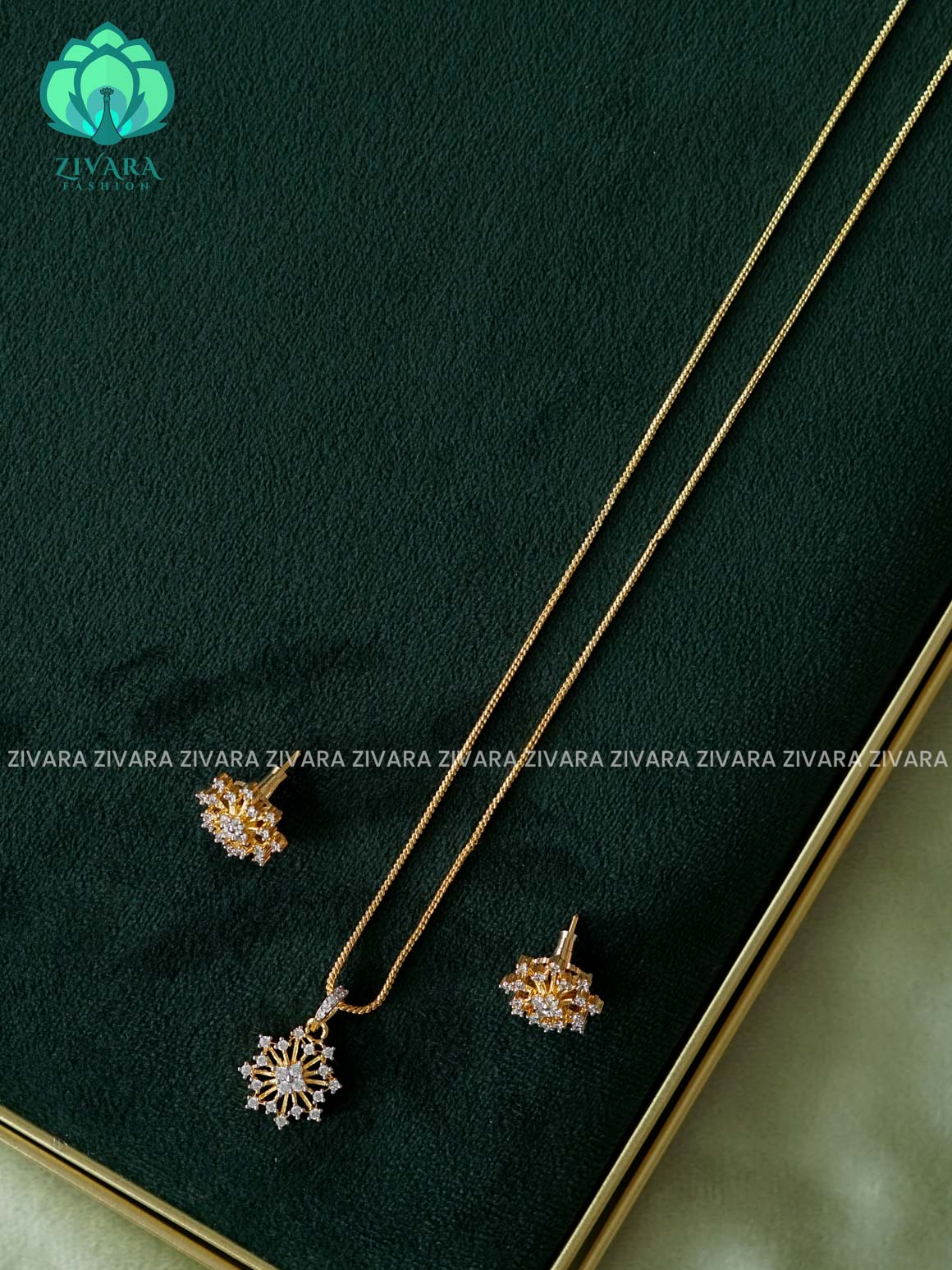 Zyra- Diamond replica Gold polish-Simple 21" chain and pendant set -Trending office wear jewellery-Zivara fashion