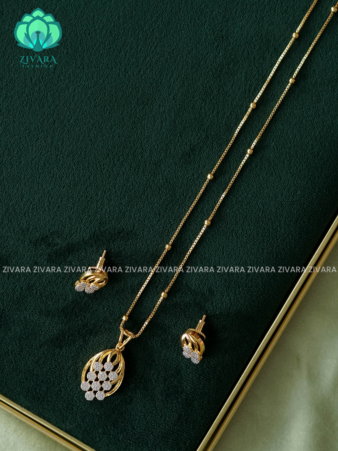 Zyra- Diamond replica Gold polish-Simple 21" chain and pendant set -Trending office wear jewellery-Zivara fashion