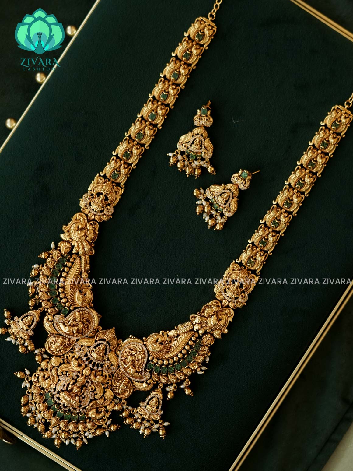GRAND BRIDAL  LAKSHMI GREEN STONE  HAARAM - Traditional PREMIUM MATTE polish MIDCHEST haaram/neckwear with earrings- Zivara Fashion