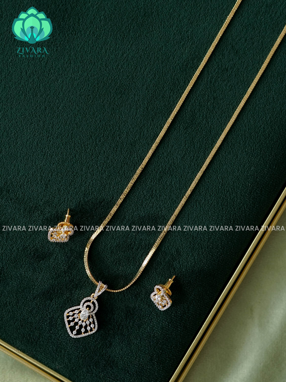 Zyra- Diamond replica Gold polish-Simple 18" chain and pendant set -Trending office wear jewellery-Zivara fashion