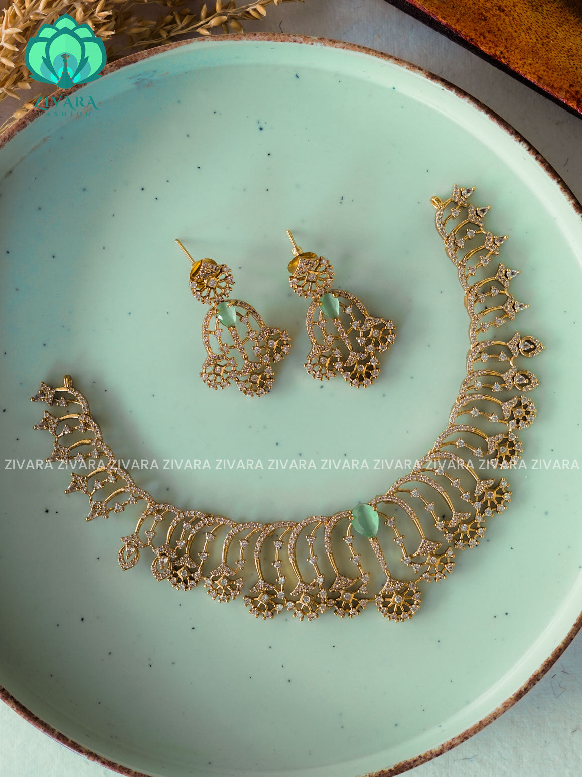 PASTEL GREEN -  FAN- GOLD FINISH stylish and minimal elegant neckwear with earrings- Zivara Fashion