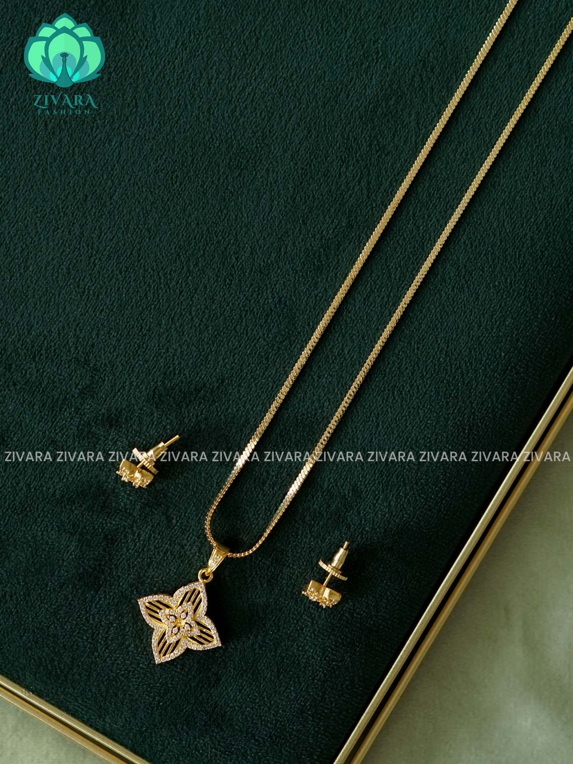 Zyra- Diamond replica Gold polish-Simple 18" chain and pendant set -Trending office wear jewellery-Zivara fashion