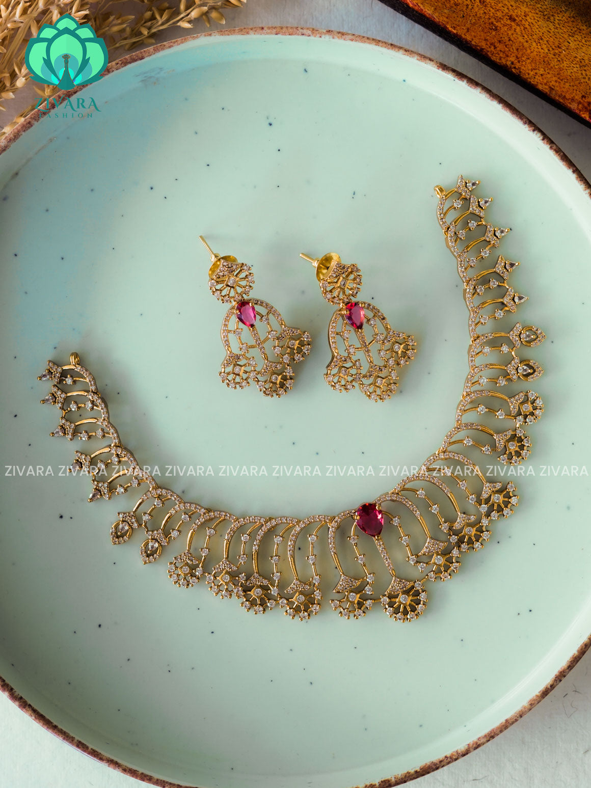 RUBY-  FAN- GOLD FINISH stylish and minimal elegant neckwear with earrings- Zivara Fashion