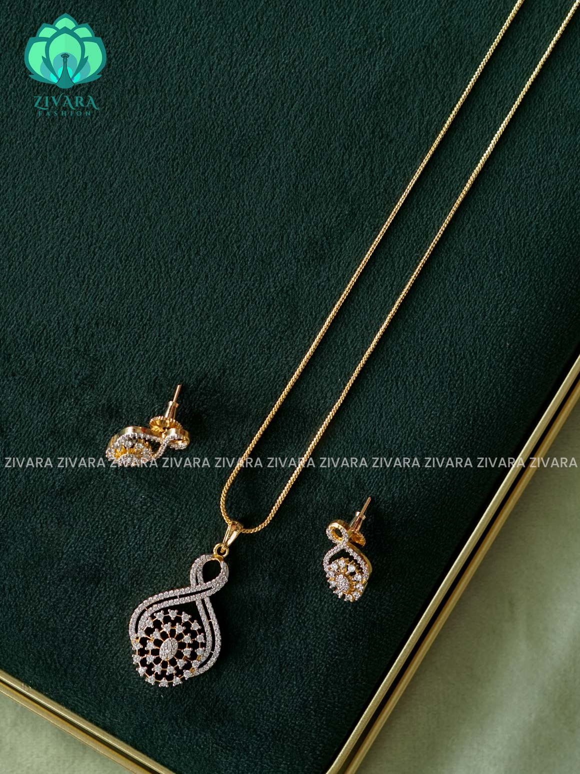 Zyra- Diamond replica Gold polish-Simple 21" chain and pendant set -Trending office wear jewellery-Zivara fashion
