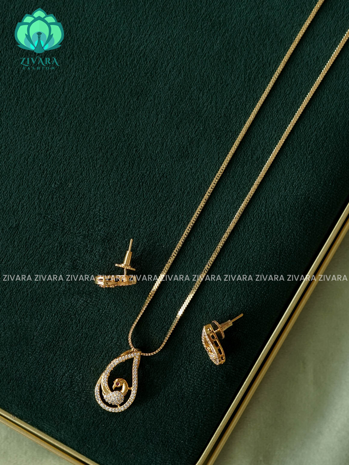 Zyra- Diamond replica Gold polish-Simple 18" chain and pendant set -Trending office wear jewellery-Zivara fashion