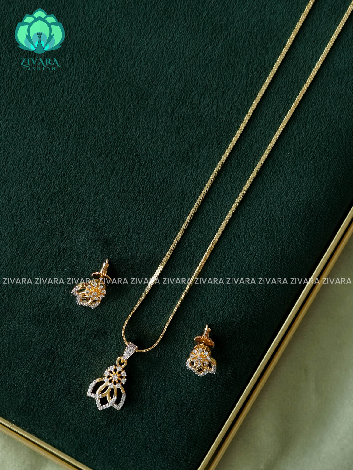 Zyra- Diamond replica Gold polish-Simple 18" chain and pendant set -Trending office wear jewellery-Zivara fashion