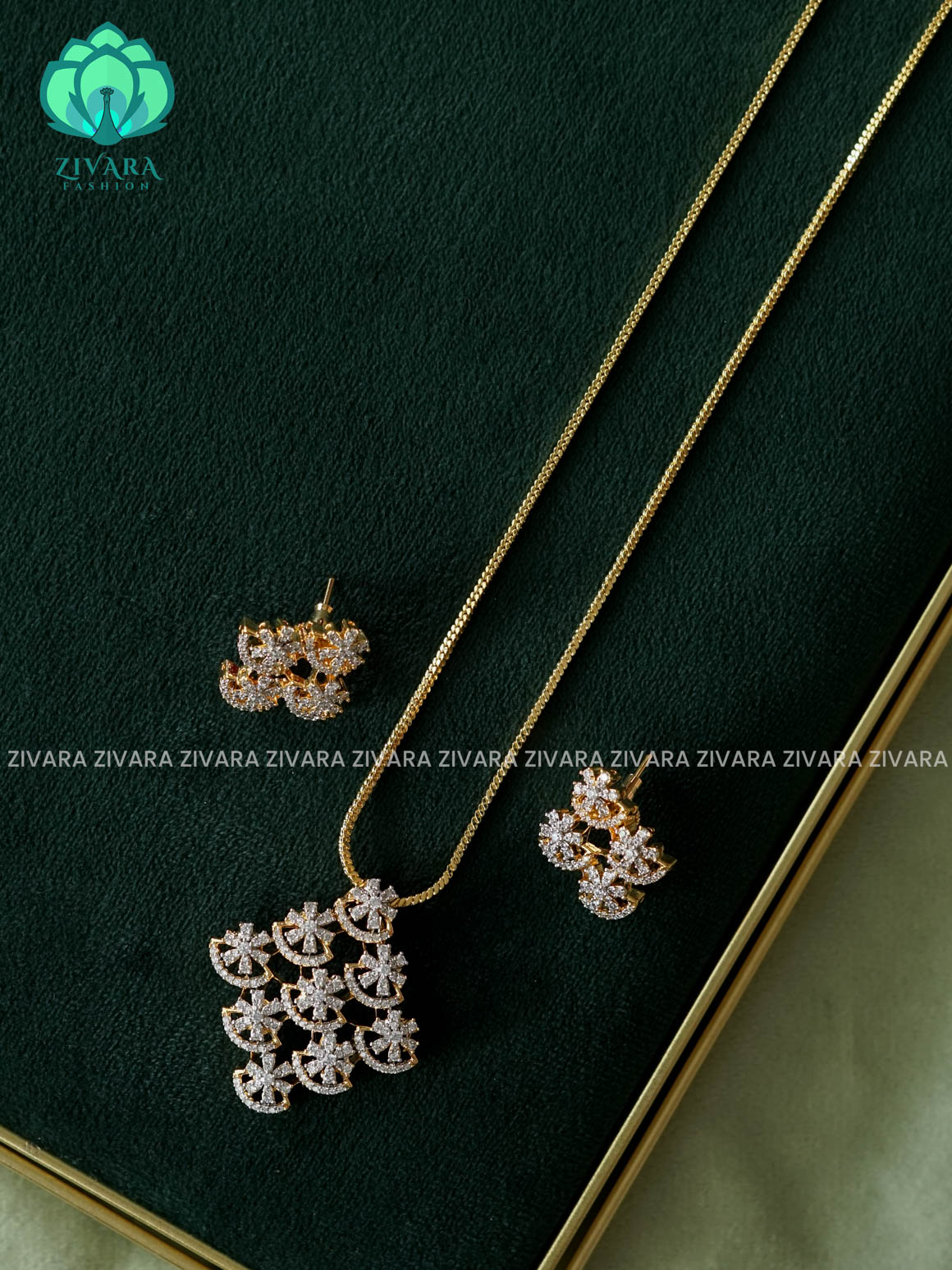 Zyra- Diamond replica Gold polish-Simple 18" chain and pendant set -Trending office wear jewellery-Zivara fashion