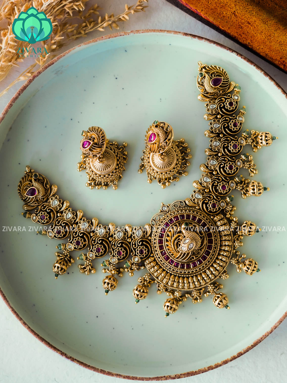 GRAND BRIDAL VINTAGE FINISH  - Traditional south indian premium neckwear with earrings- Zivara Fashion- latest jewellery design