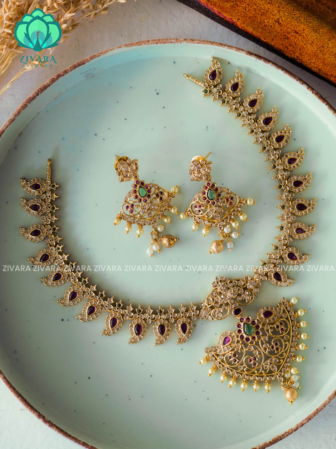 MANGO STONE Traditional south indian premium neckwear with earrings- Zivara Fashion- latest jewellery desigN