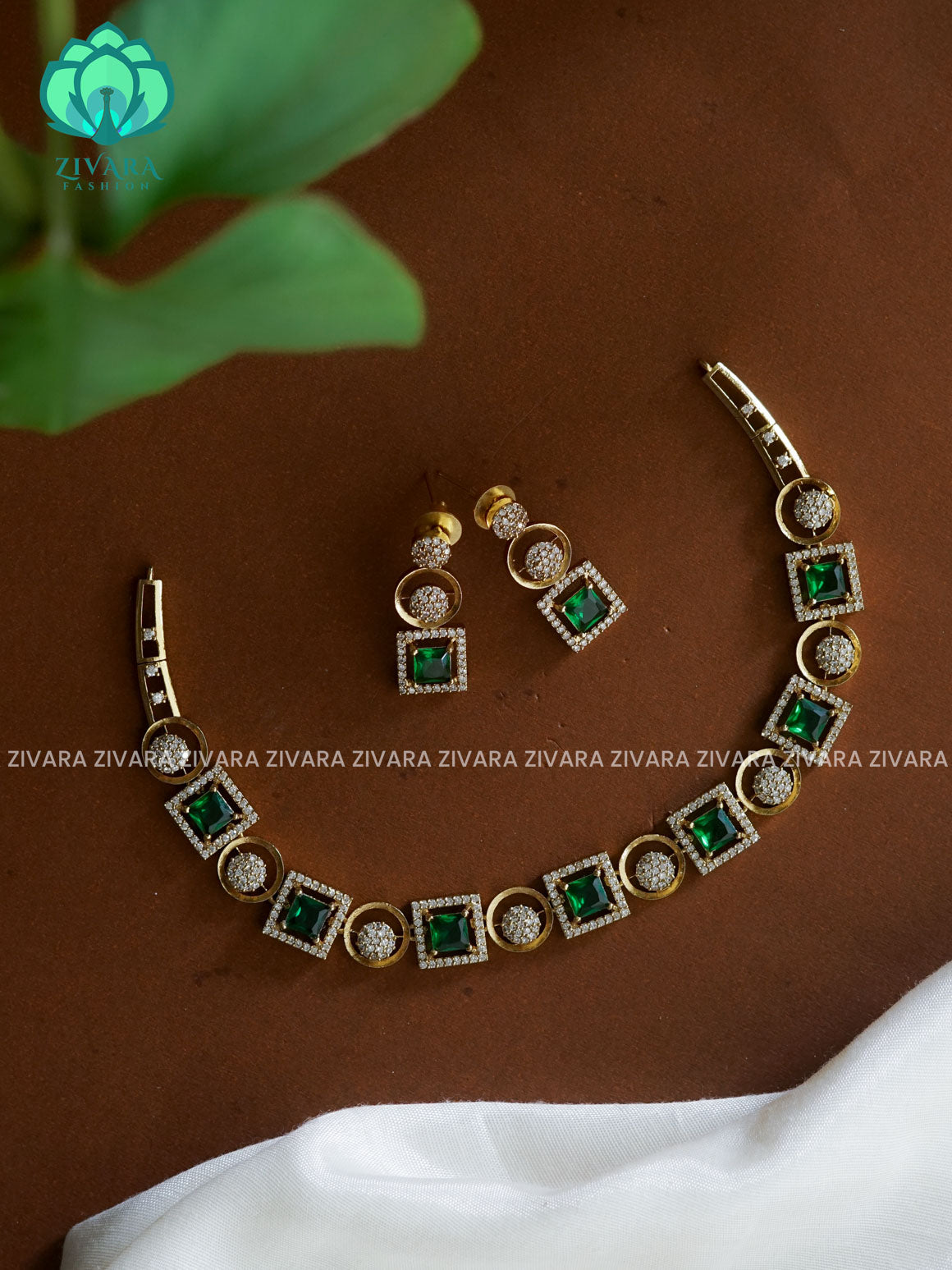 GREEN STONE CIRCLE AND SQUARE  SUBTLE GOLD FINISH stylish and minimal elegant neckwear with earrings- Zivara Fashion