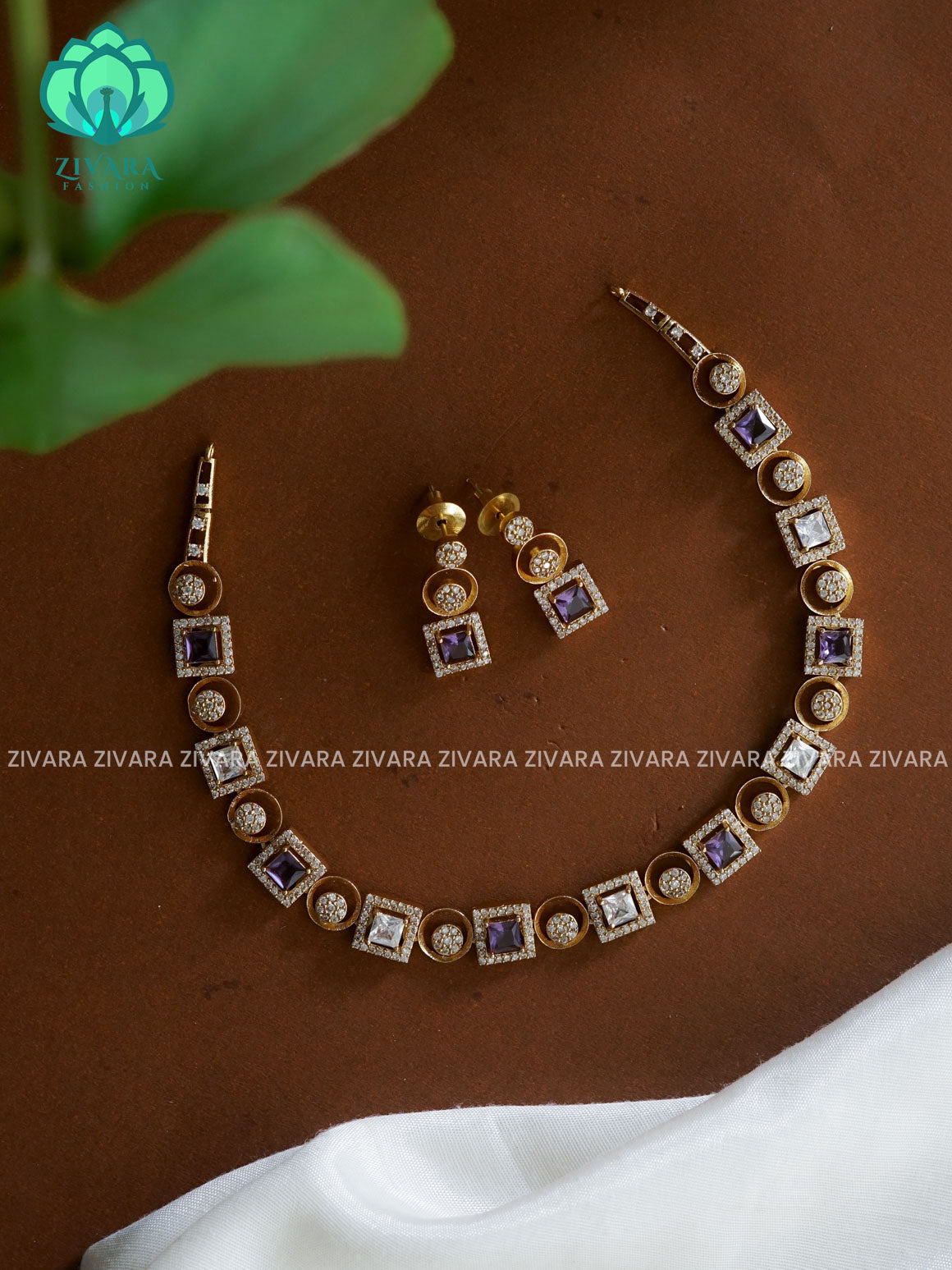 PURPLE STONE CIRCLE AND SQUARE  SUBTLE GOLD FINISH stylish and minimal elegant neckwear with earrings- Zivara Fashion