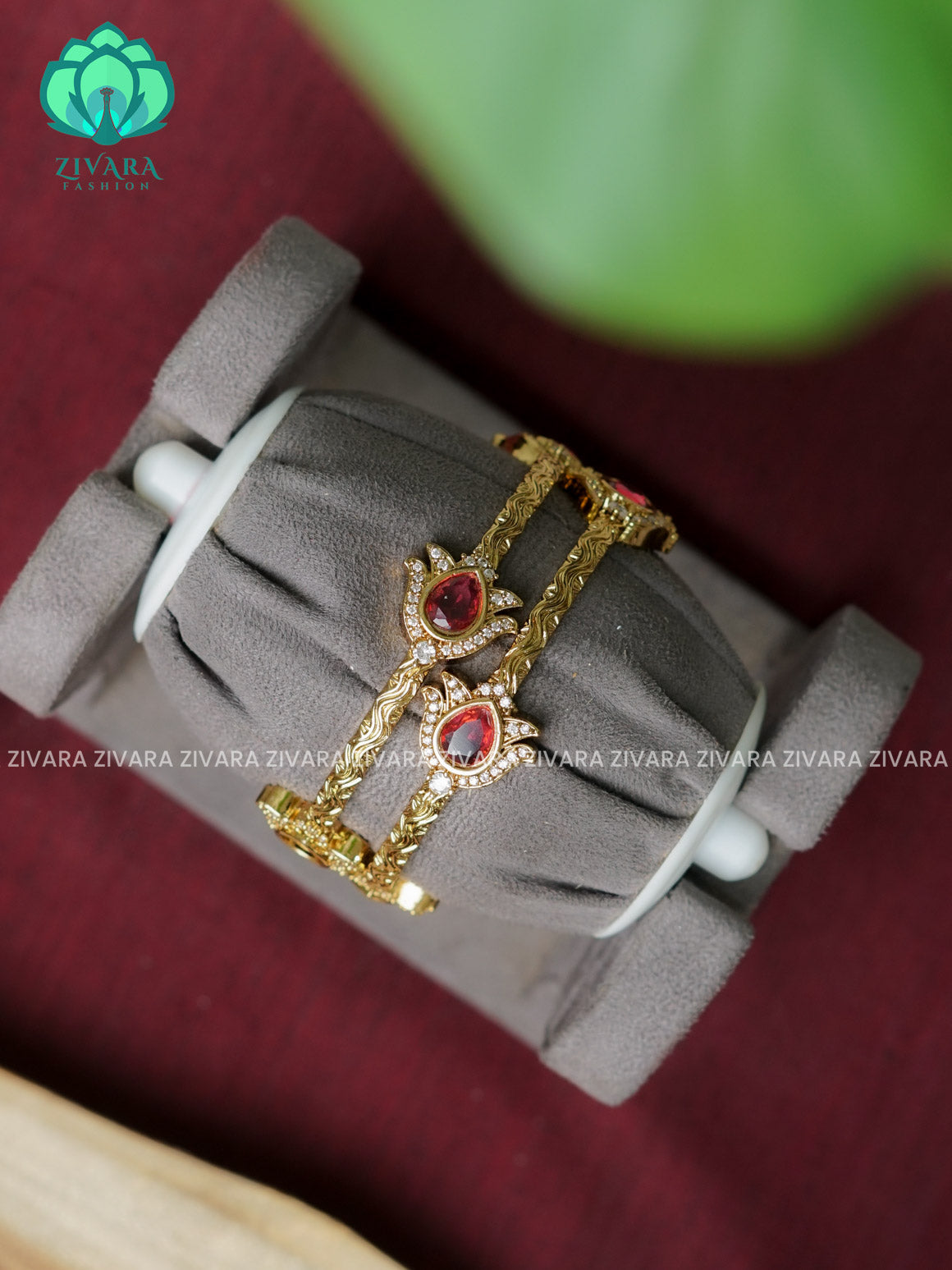 RUBY LOTUS 2 piece CZ matte VICTORIA polish designer bangles with cz stones-latest bangles collection