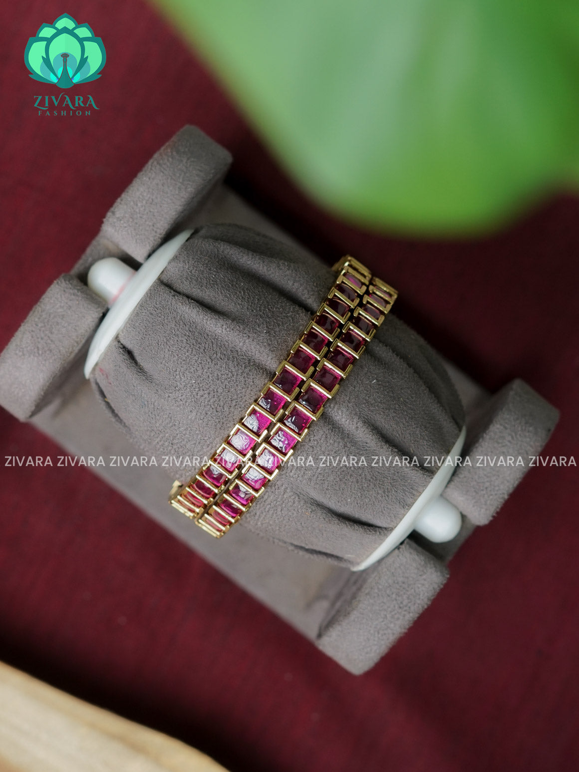 RUBY SQUARE STONE 2 piece CZ matte VICTORIA polish designer bangles with cz stones-latest bangles collection