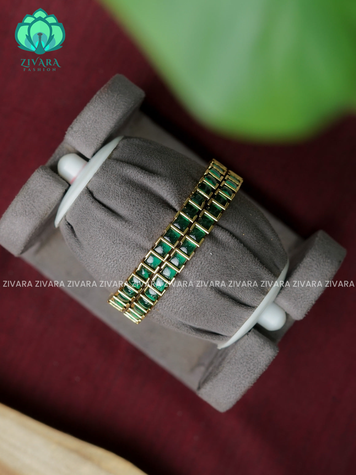 GREEN SQUARE STONE 2 piece CZ matte VICTORIA polish designer bangles with cz stones-latest bangles collection