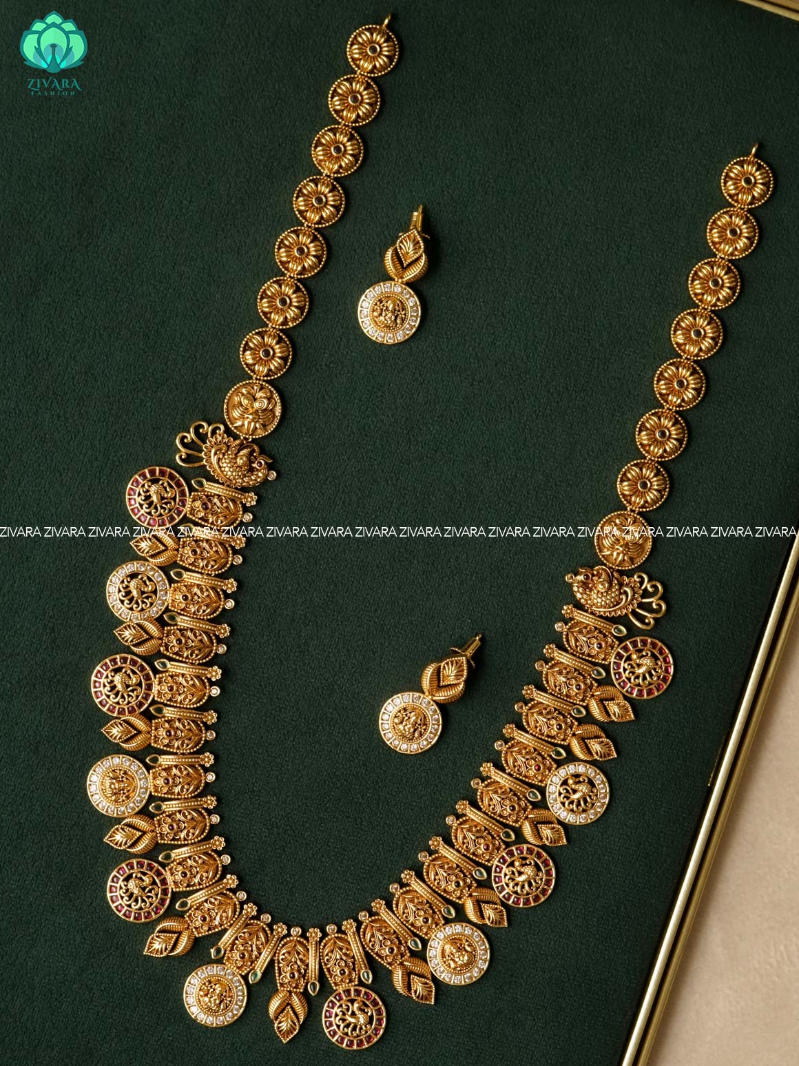 CIRCLE TEMPLE WITH PEACOCK Traditional premium long haaram/neckwear with earrings- Zivara Fashion