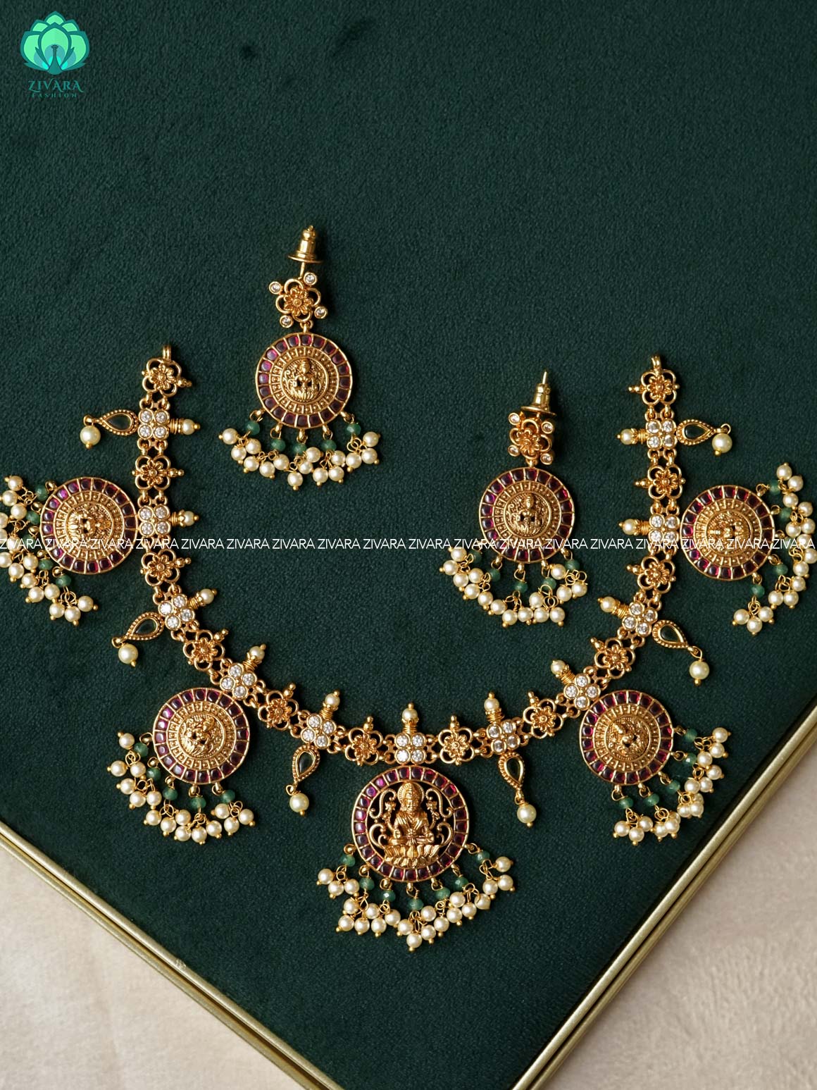 REAL KEMP TEMPLE BUTTA NECKWEAR  - Traditional south indian premium neckwear with earrings- Zivara Fashion- latest jewellery design