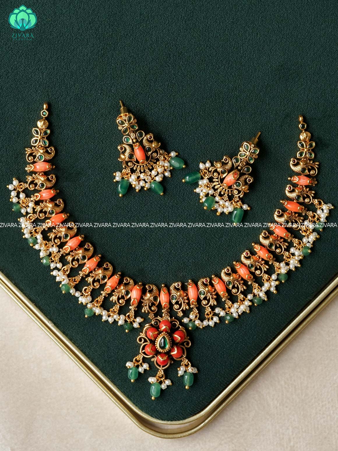 PAVALAMALLI PEACOCK NECKWEAR WITH beads hangings  - Traditional neckwear with premium matte finish with earrings- Zivara Fashion