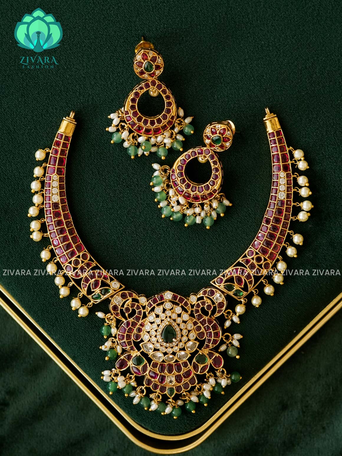 REAL KEMP PEACOCK NECKWEAR WITH HANGINGS - Traditional south indian premium neckwear with earrings- Zivara Fashion- latest jewellery design