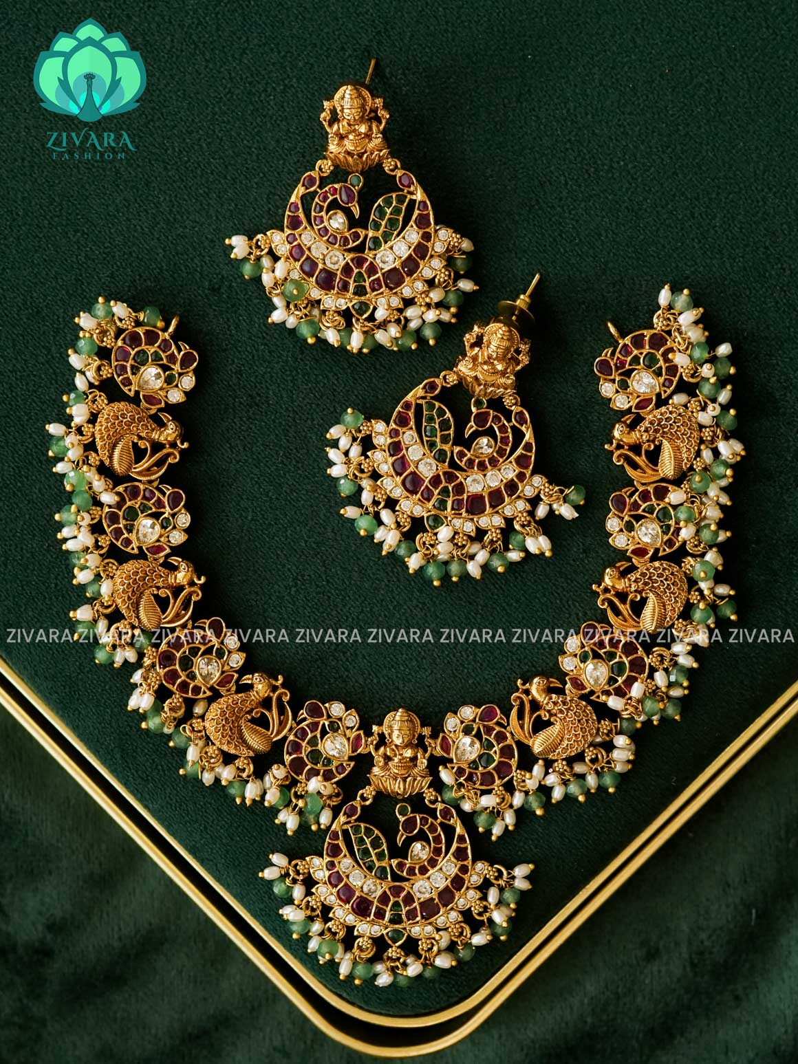 Akshayam- real kemp bridal temple neckwear -Traditional south indian premium neckwear with earrings- Zivara Fashion- latest jewellery design