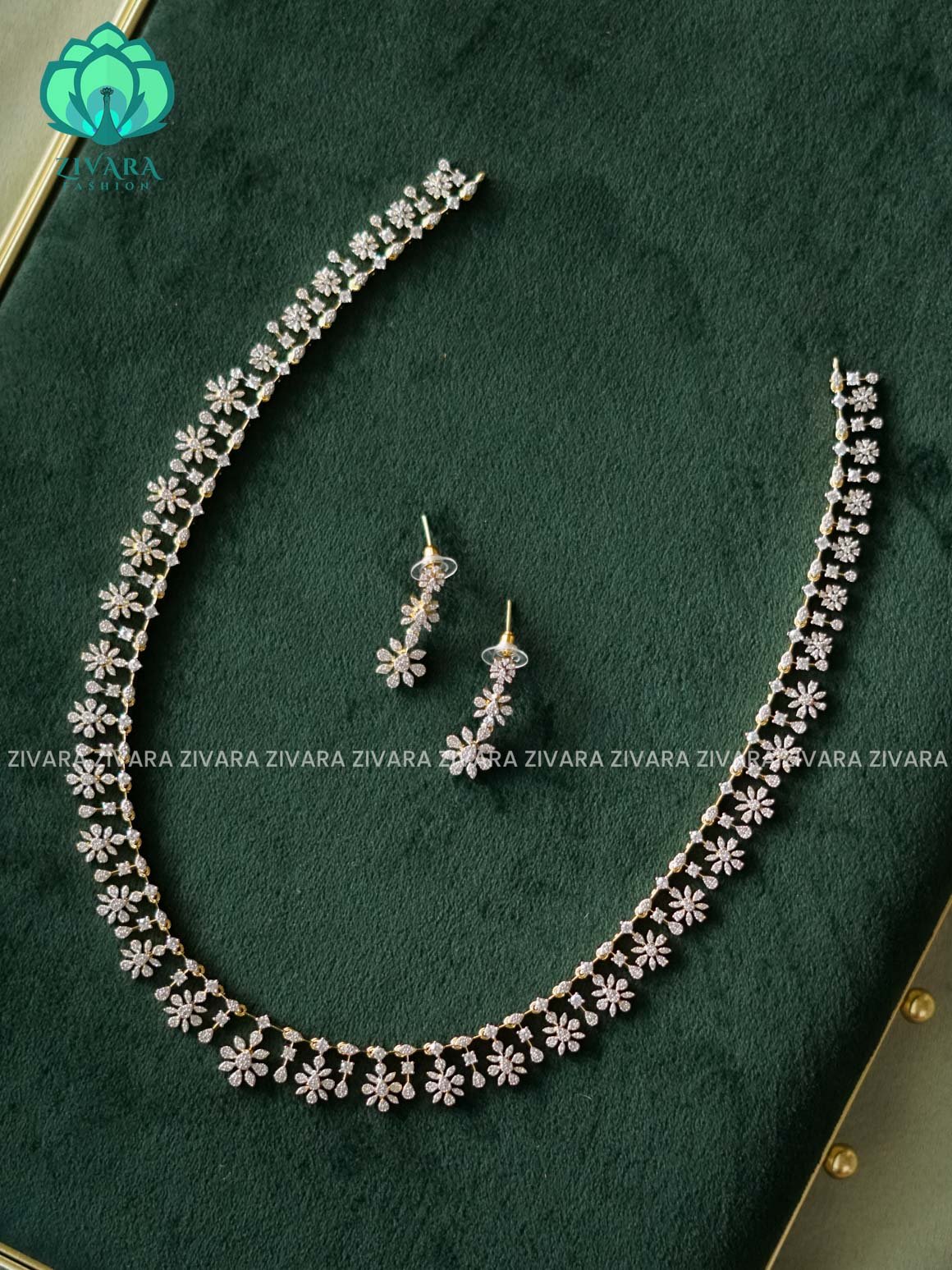 WHITE AD STONE FLOWER  ELEGANT MIDCHEST/HAARAM  -  BRIGHT FINISH ELEGANT MIDCHEST haaram/neckwear with earrings- Zivara fashion