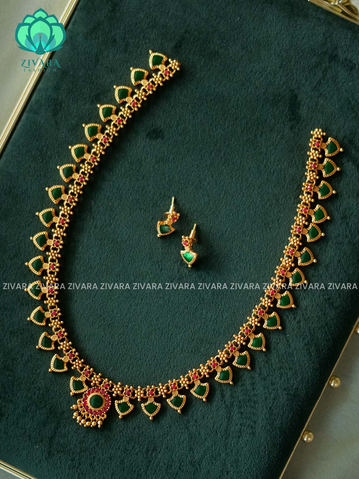 ANANYA SERIES -  GREEN  PALAKKA - Traditional PREMIUM MATTE polish MIDCHEST haaram/neckwear with earrings- Zivara Fashion