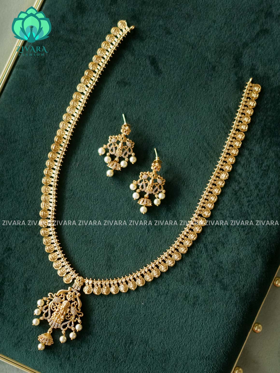 TEMPLE COIN LONG CHAIN  - Traditional PREMIUM MATTE polish MIDCHEST haaram/neckwear with earrings- Zivara Fashion