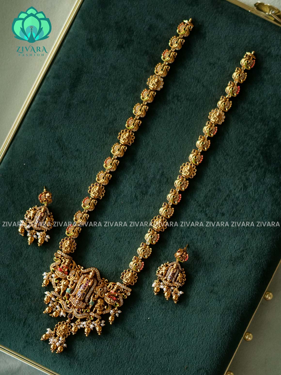 MADHURYA - MEENAKSHI HAND PAINTED TEMPLE BRIDAL MIDCHEST/HAARAM - Traditional PREMIUM MATTE polish MIDCHEST haaram/neckwear with earrings- Zivara Fashion