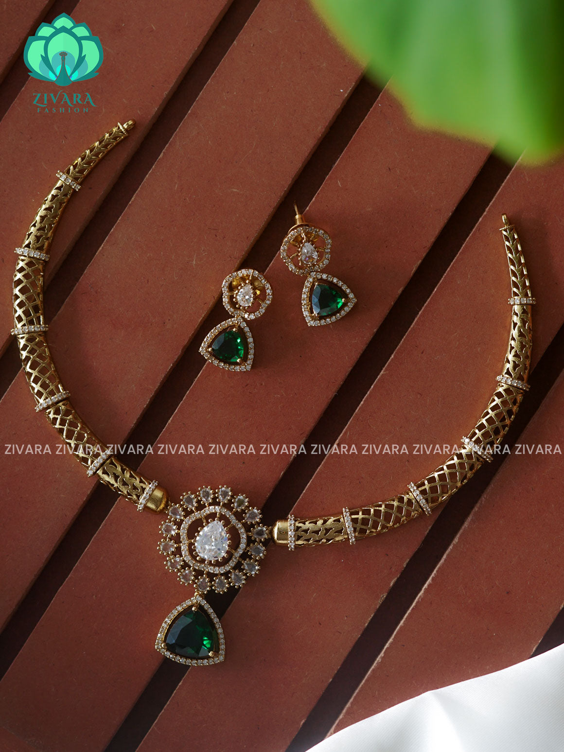 GREEN- TRIANGLE PENDANT HASLI - Traditional south indian premium neckwear with earrings- Zivara Fashion- latest jewellery desigN