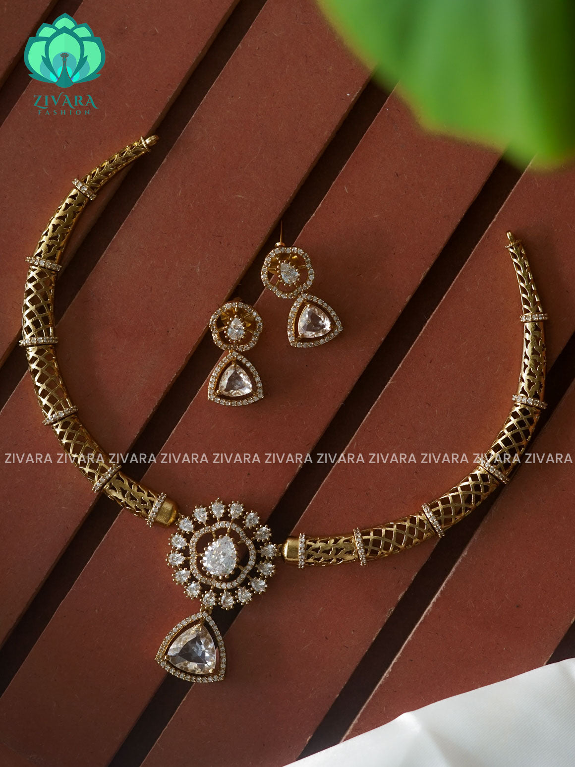 WHITE - TRIANGLE PENDANT HASLI - Traditional south indian premium neckwear with earrings- Zivara Fashion- latest jewellery desigN