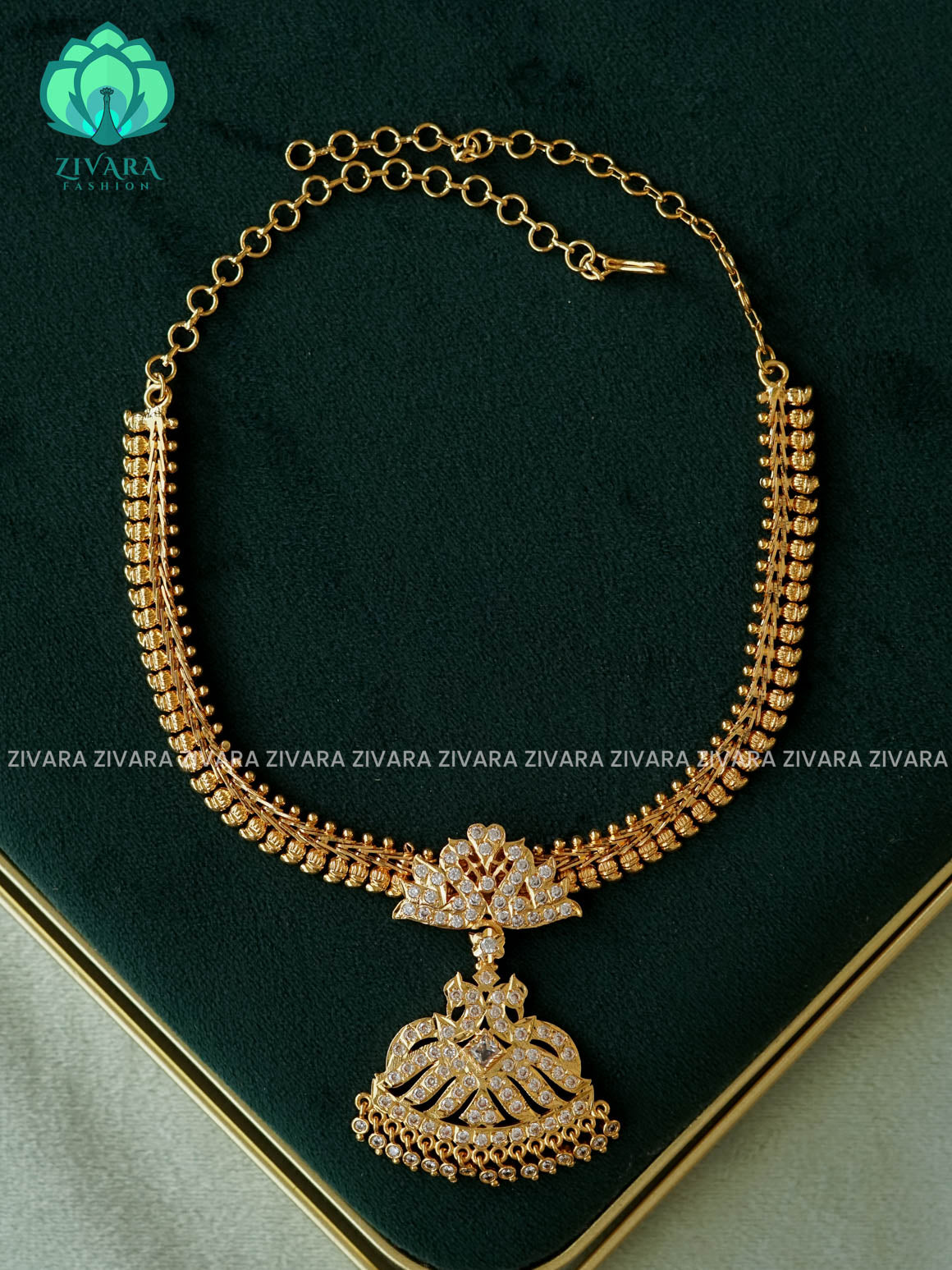 AMBIGAI - WHITE STONE PEACOCK MICROGOLD POLISH ATTIGAI - Zivara Fashion- latest jewellery design
