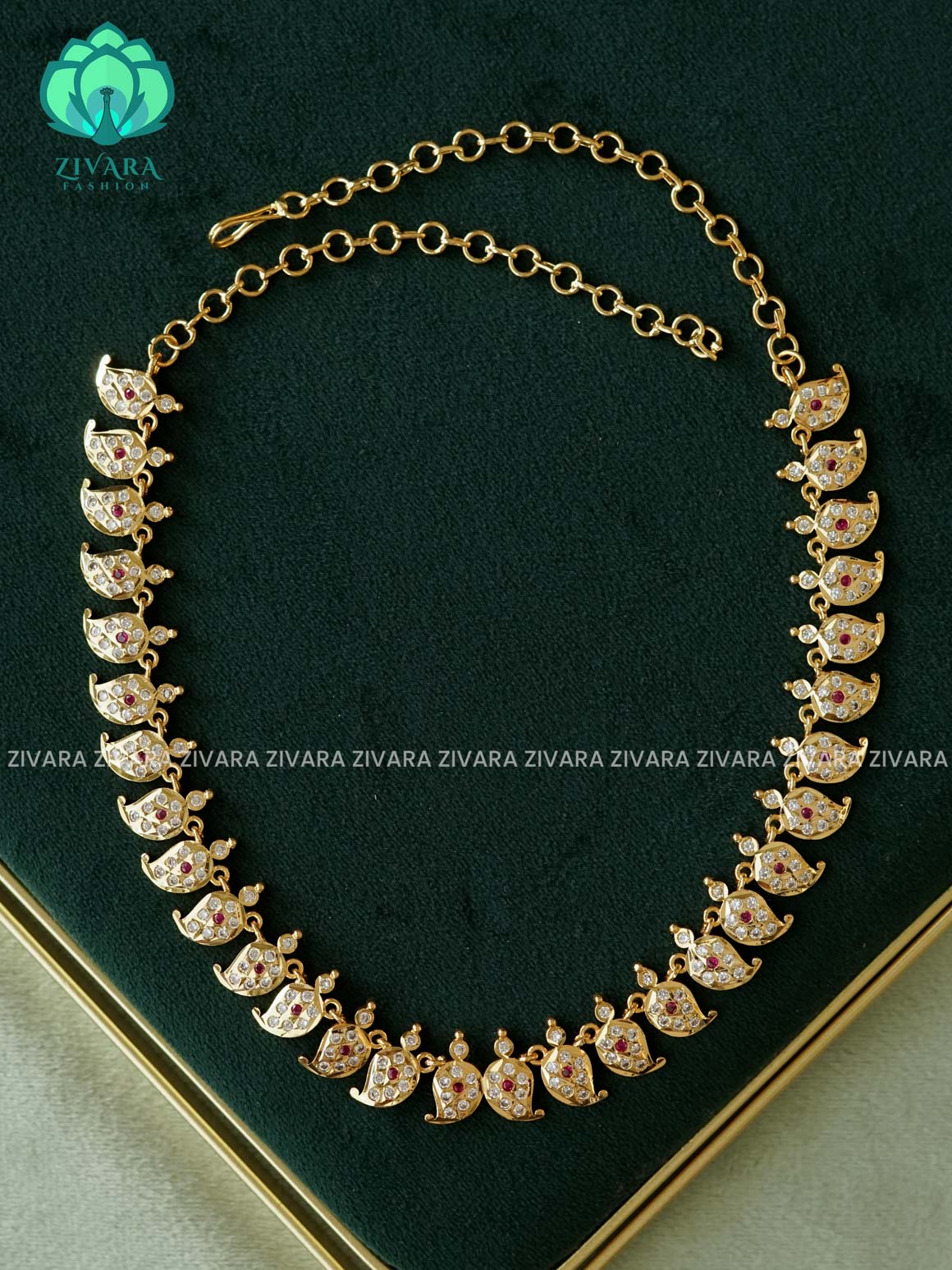 AMBIGAI - WHITE RUBY STONE MANGO MOTIF MICROGOLD POLISH ATTIGAI - Zivara Fashion- latest jewellery design