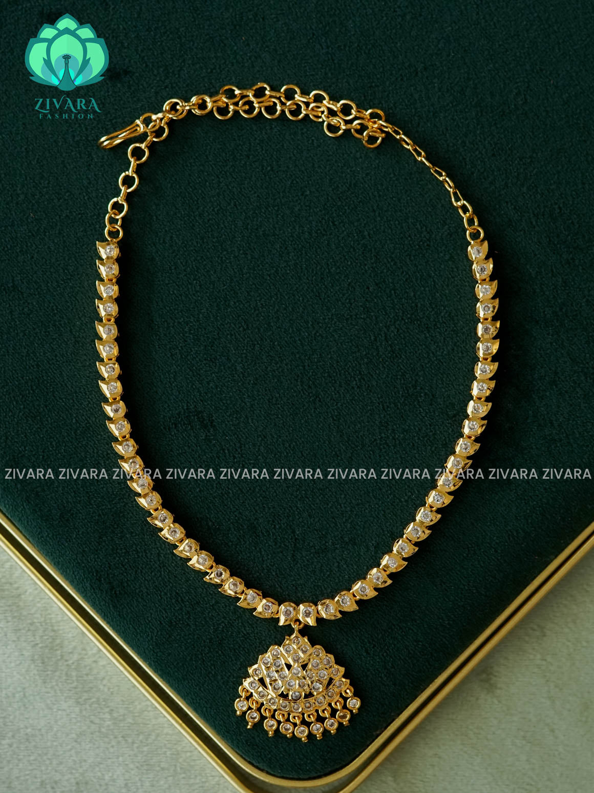 AMBIGAI-WHITE STONE MOTIF FREE MICROGOLD POLISH ATTIGAI WITH EARRING - Zivara Fashion- latest jewellery design