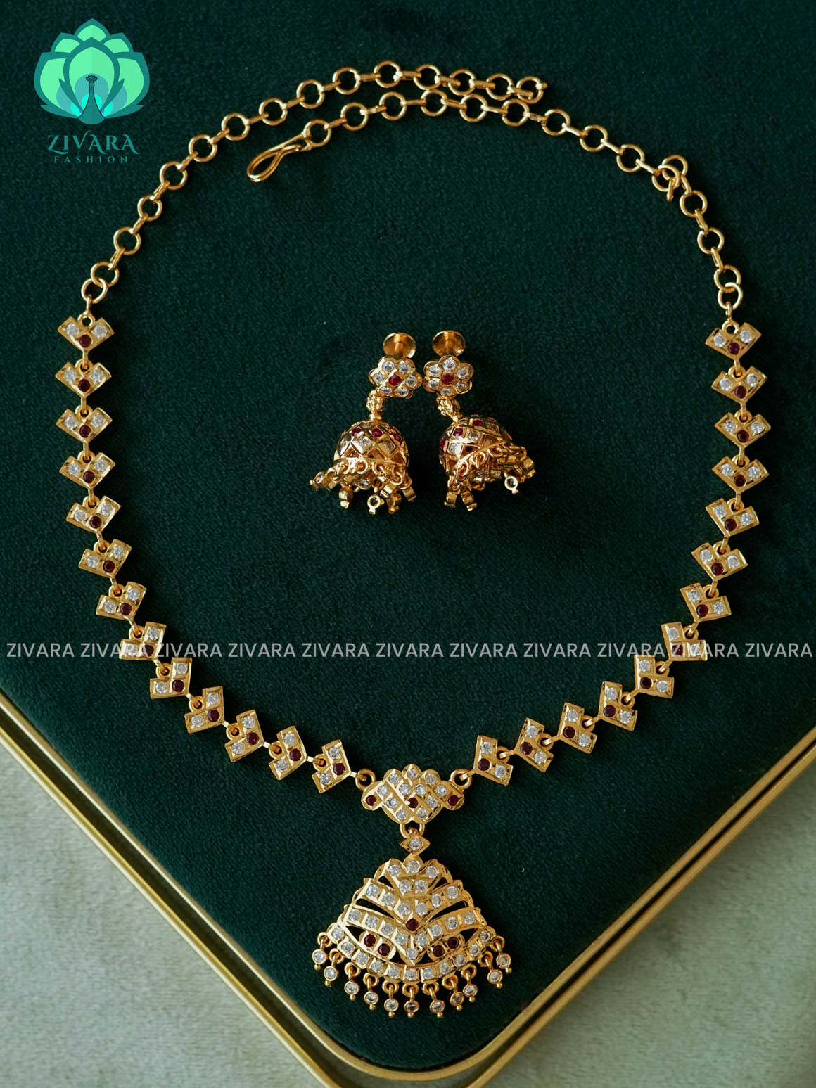 AMBIGAI-WHITE STONE MANGA MOTIF MICROGOLD POLISH ATTIGAI WITH EARRING - Zivara Fashion- latest jewellery design