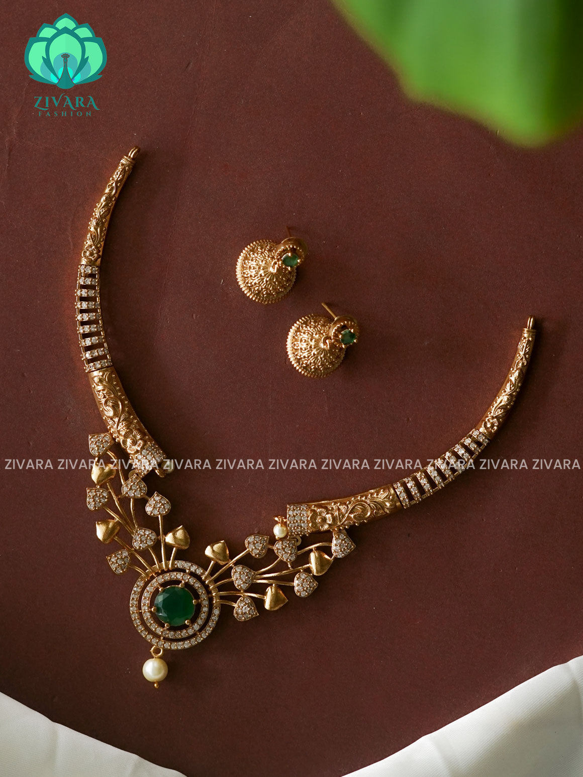GREEN-CIRCLE PENDANT HASLI - Traditional south indian premium neckwear with earrings- Zivara Fashion- latest jewellery desigN