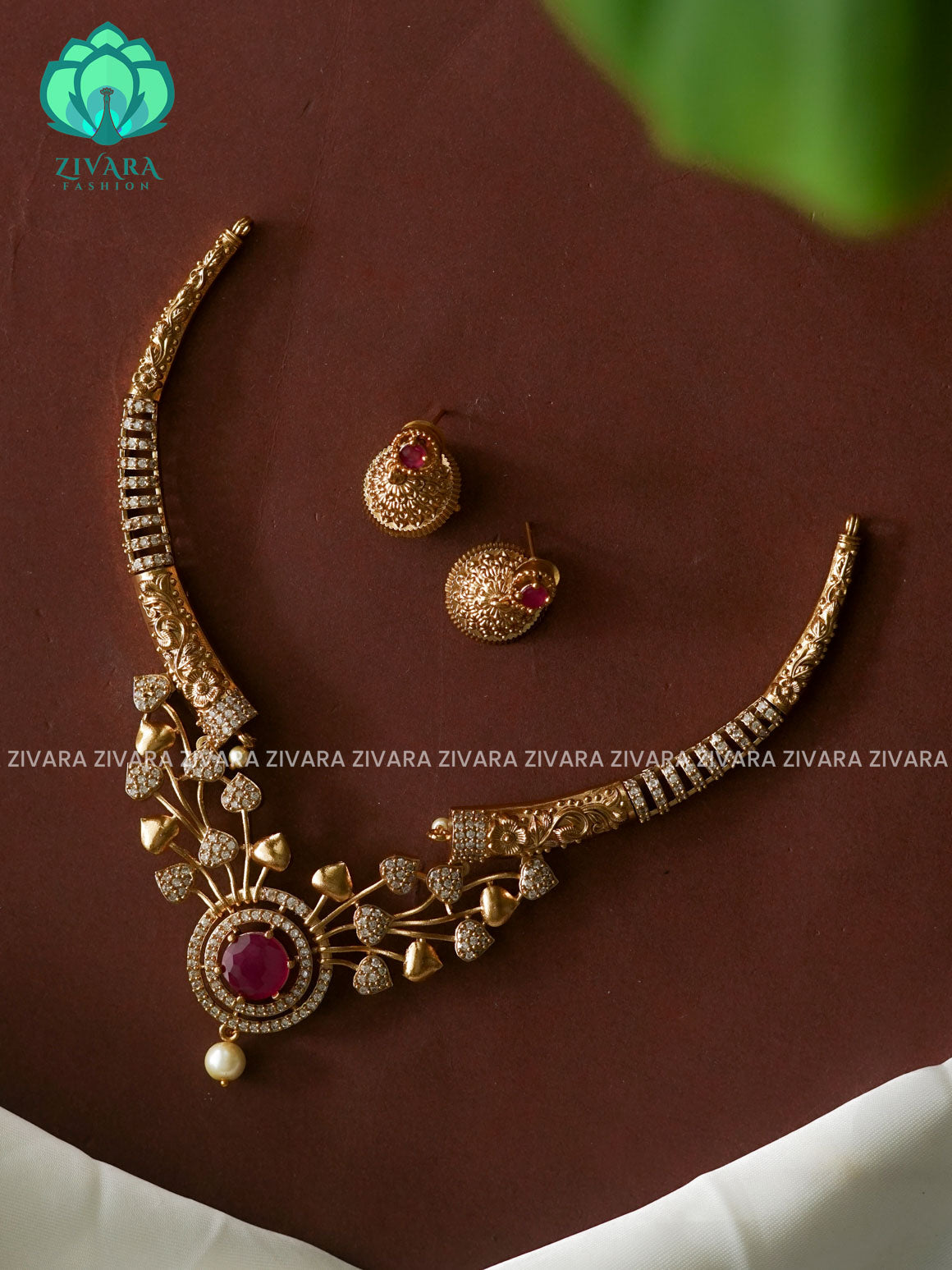 RUBY-CIRCLE PENDANT HASLI - Traditional south indian premium neckwear with earrings- Zivara Fashion- latest jewellery desigN