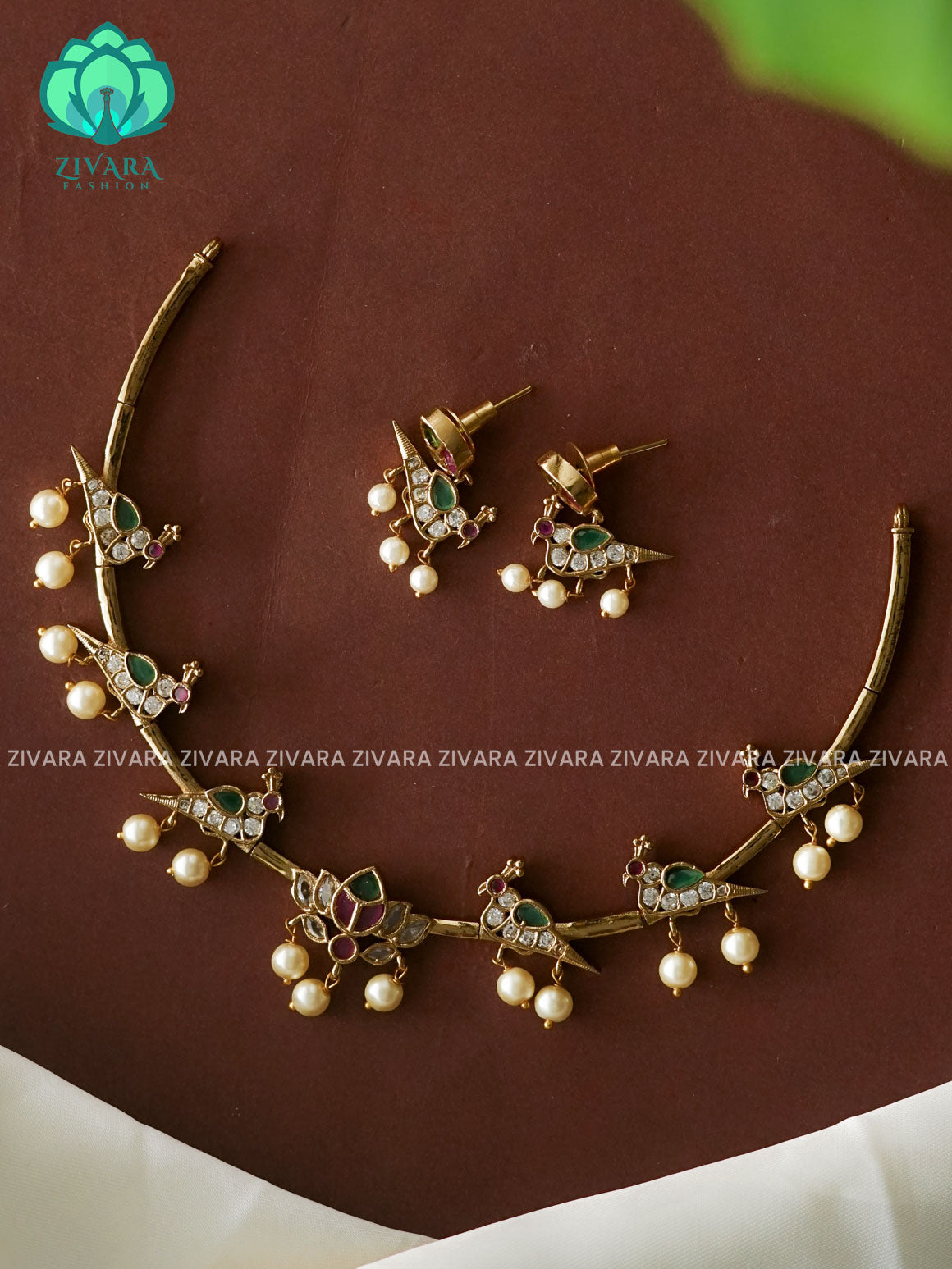 Cute LOTUS  hasli NECK WEAR WITh EARRINGS   - Premium quality CZ Matte collection-south indian jewellery