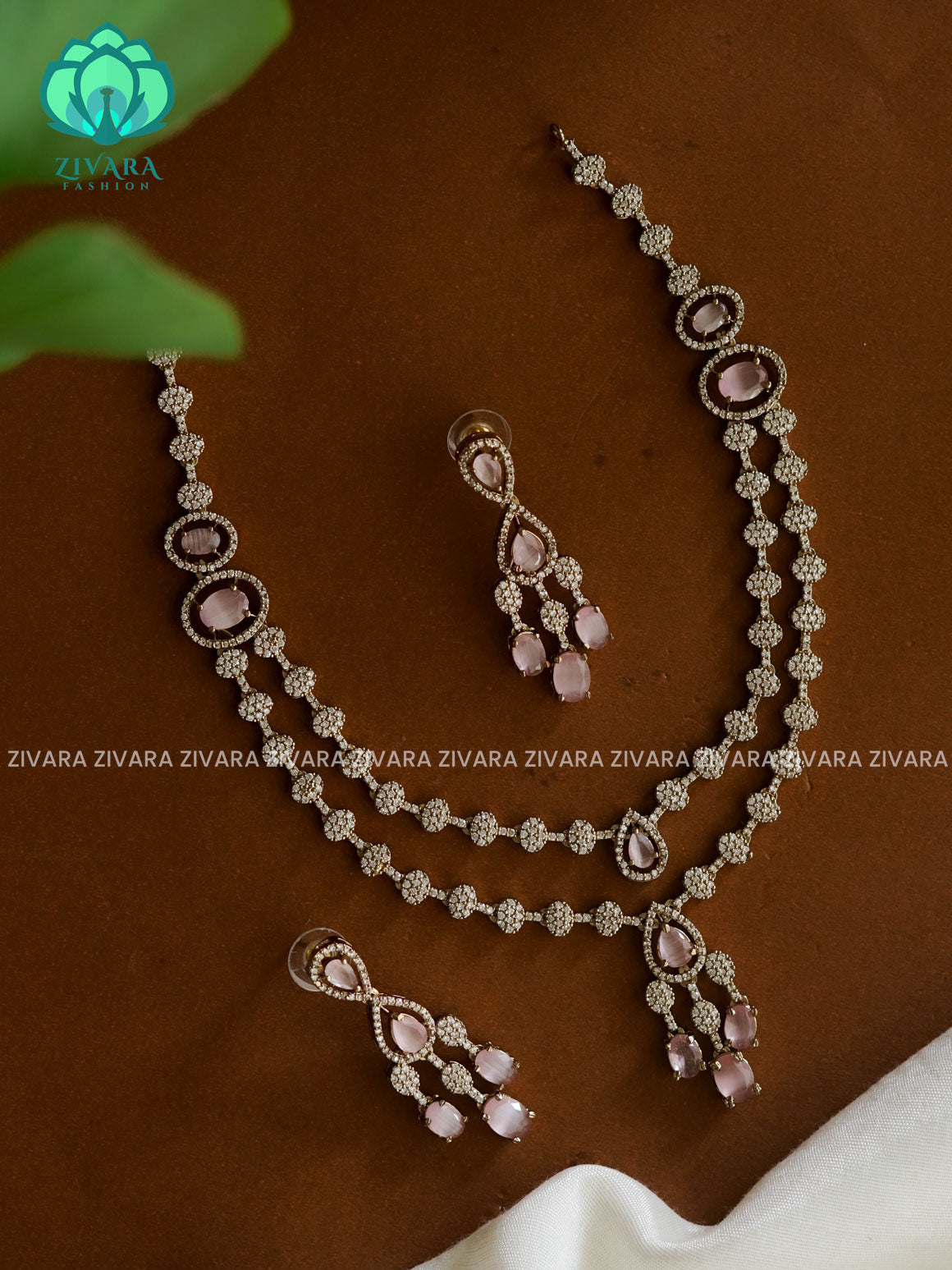 PASTEL PINK - two step MIDCHEST LENGTH  stone - Ultra premium victoria finish dark polish trending neckwear collection- bridal collection- Zivara Fashion