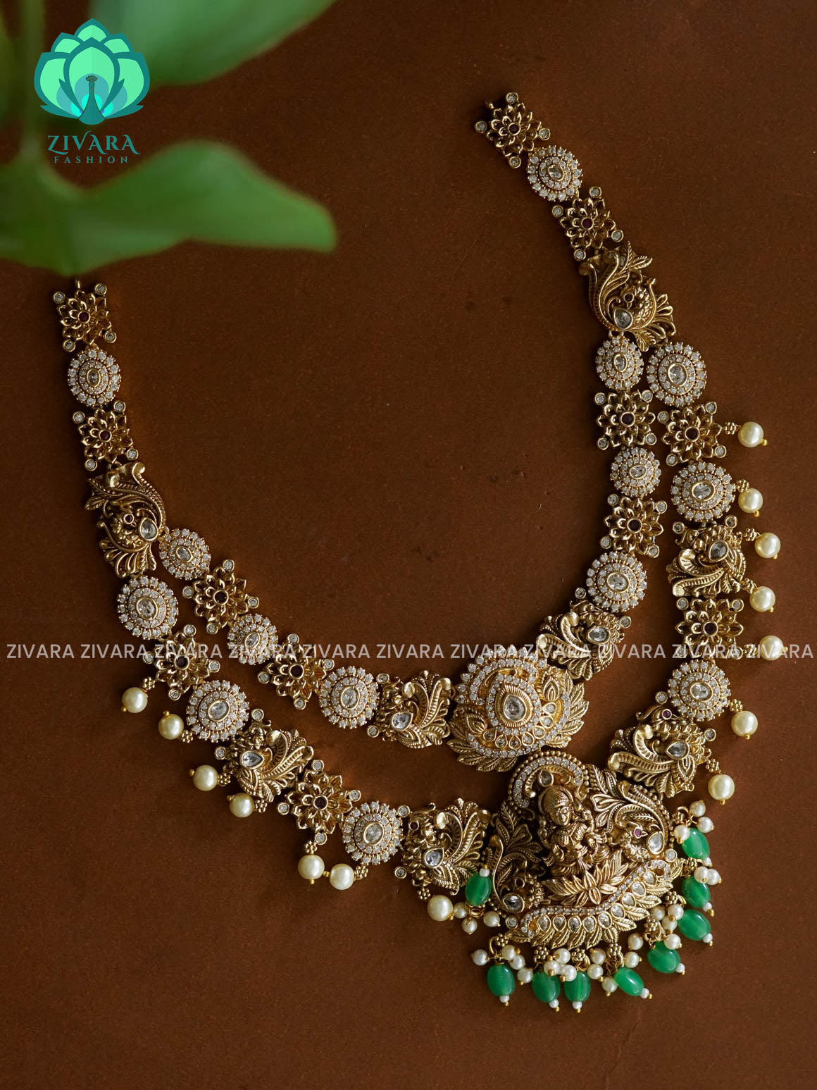 GREEN BEADS STONE TEMPLE BRIDAL -Traditional south indian premium neckwear withOUT earrings- Zivara Fashion- latest jewellery design.