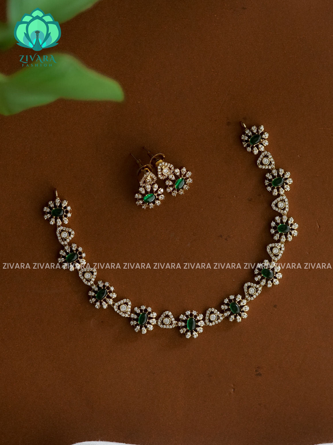 GREEN - WHITE STONE - stylish and minimal elegant neckwear with earrings- Zivara Fashion