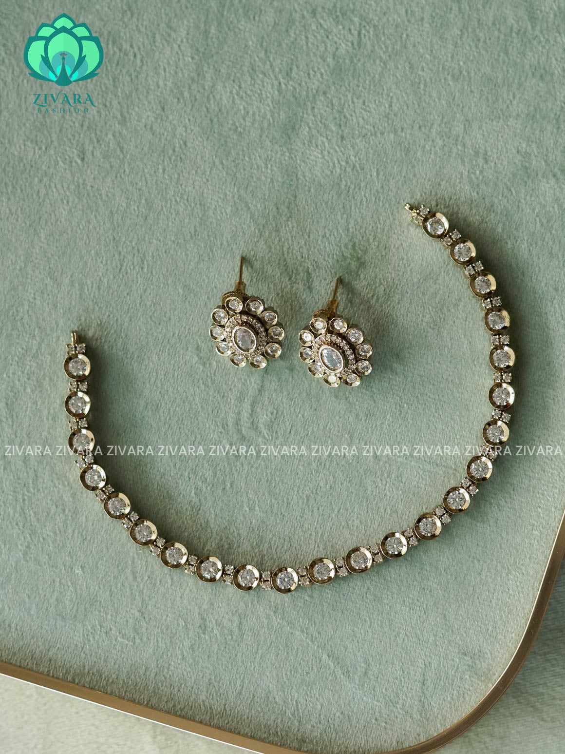 WHITE STONE SINGLE LINE DARK POLISH   -PREMIUM SUBTLE GOLD FINISH  stylish and minimal elegant neckwear with earrings- Zivara Fashion